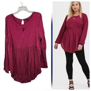 Torrid Babydoll Gauze Keyhole Front Tunic Top Maroon Crinkle Crepe Plus Blouse 2